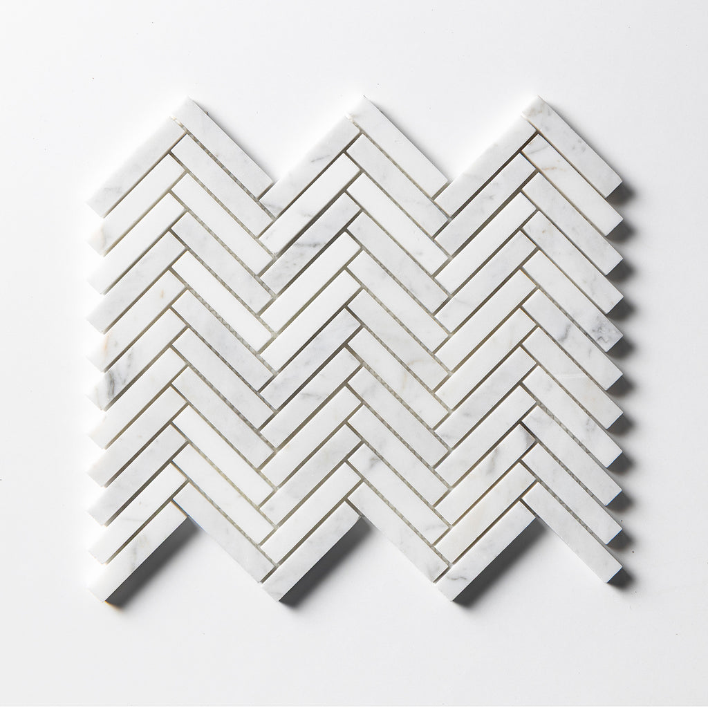 Calacatta Gold Honed Herringbone 5/8x3 Marble Mosaic — 10 7/16 × 12 13/16 × 3/8 in