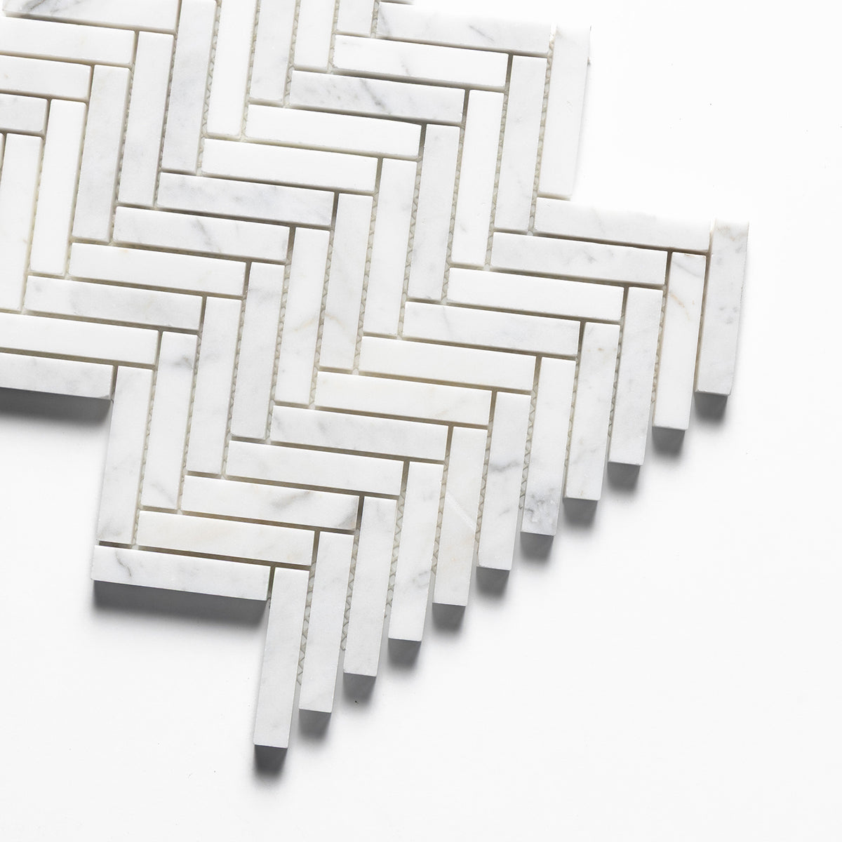 Calacatta Gold Honed Herringbone 5/8x3 Marble Mosaic — 10 7/16 × 12 13/16 × 3/8 in