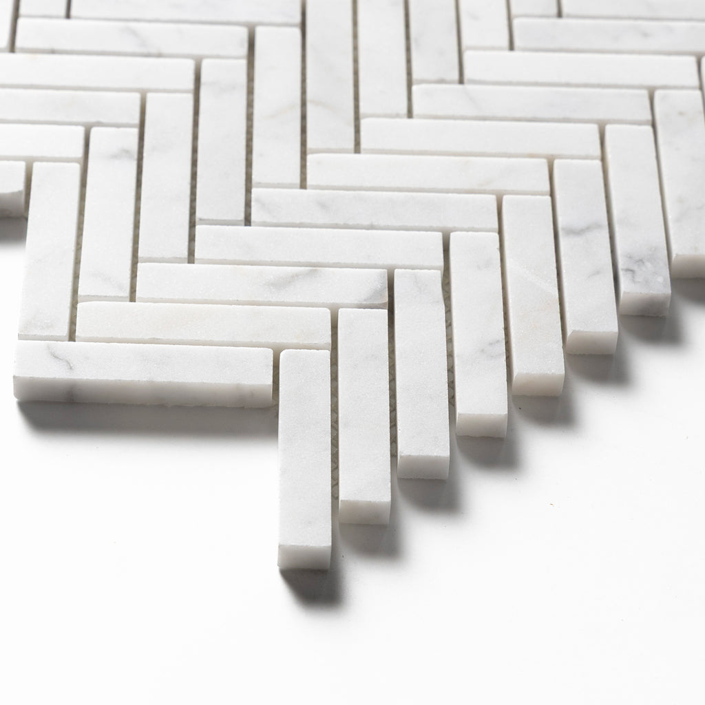 Calacatta Gold Honed Herringbone 5/8x3 Marble Mosaic — 10 7/16 × 12 13/16 × 3/8 in
