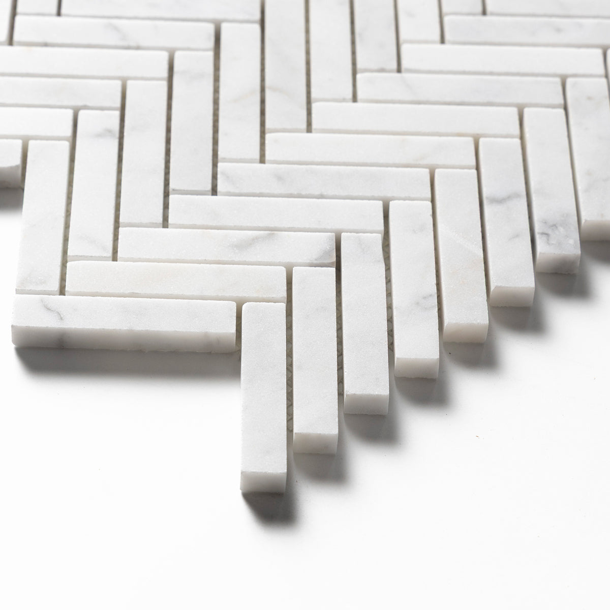Calacatta Gold Honed Herringbone 5/8x3 Marble Mosaic — 10 7/16 × 12 13/16 × 3/8 in