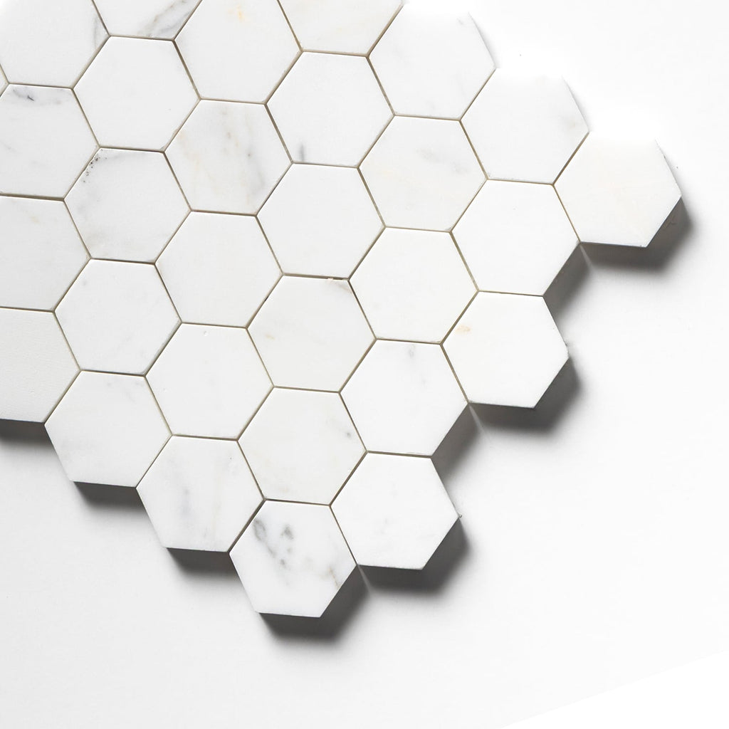 Calacatta Gold Honed Hexagon 2 Marble Mosaic — 10 3/8 × 12 × 3/8 in
