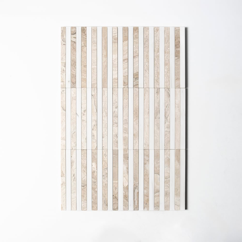 Diana Royal, Snow White Honed Mod Stripes Marble Mosaic — 12 × 12 × 3/8 in
