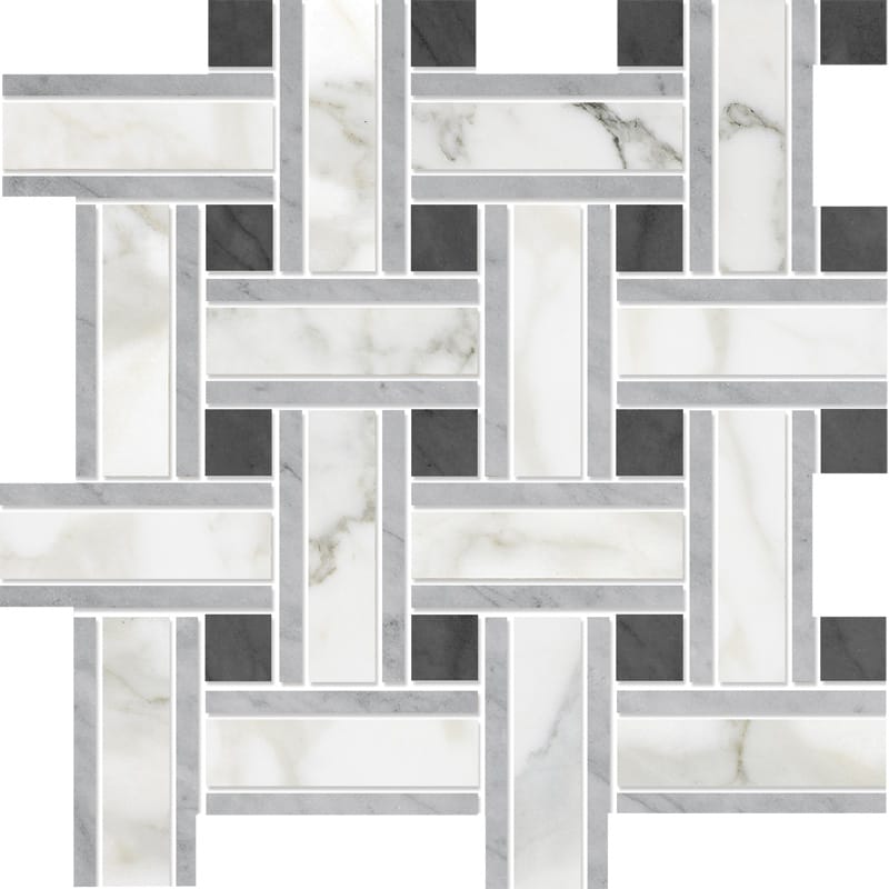 Calacatta Gold Polished Lattice Marble Mosaic — 12 × 12 × 3/8 in