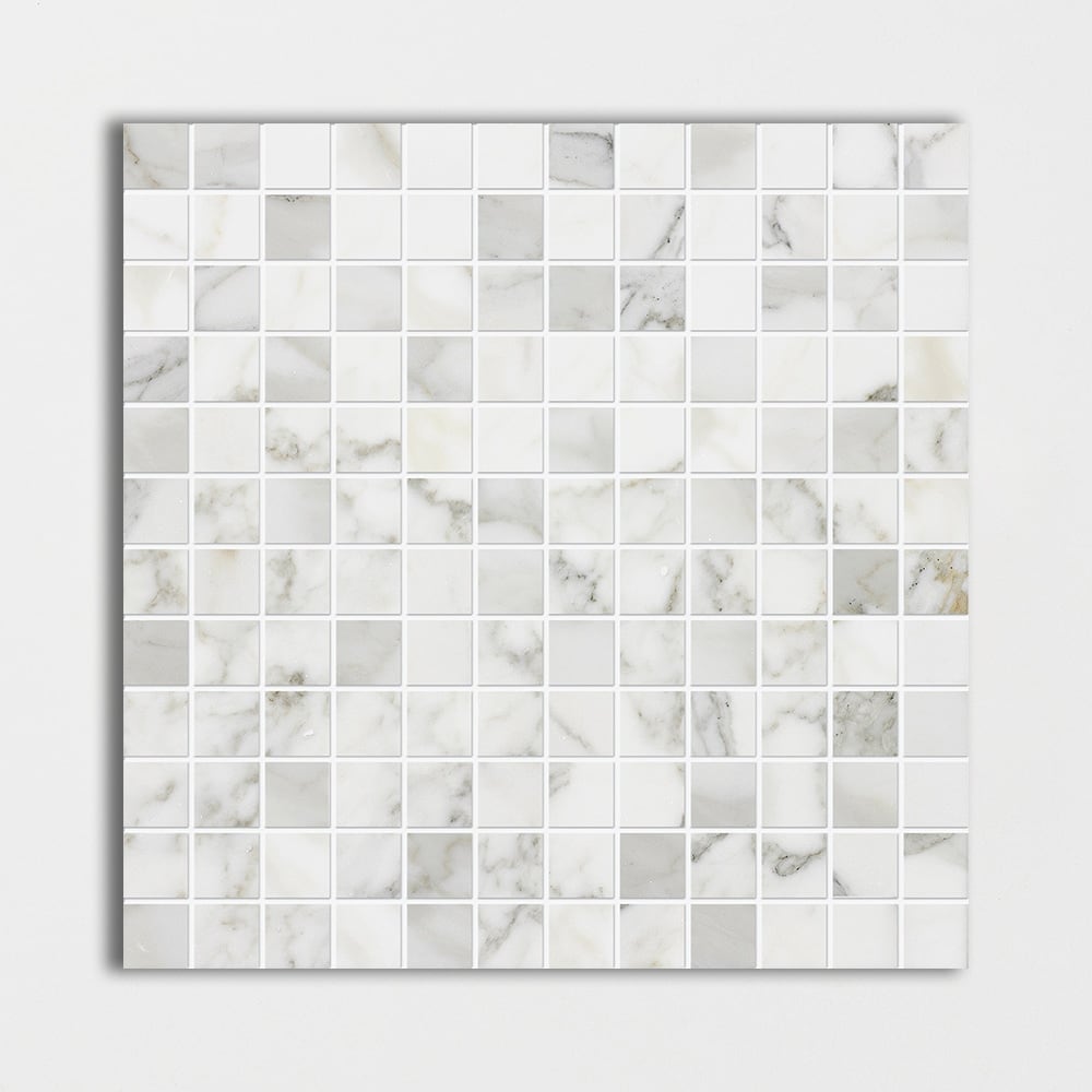 Calacatta Gold Polished 1x1 Marble Mosaic — 12 × 12 × 3/8 in