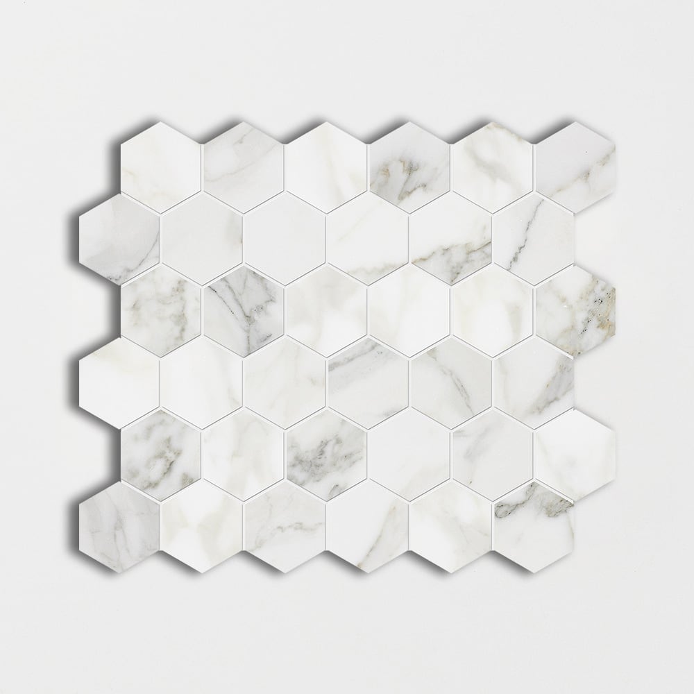Calacatta Gold Polished Hexagon 2 Marble Mosaic — 12 × 12 × 3/8 in
