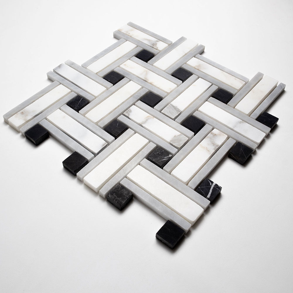Calacatta Gold Honed Lattice Marble Mosaic — 12 × 12 × 3/8 in