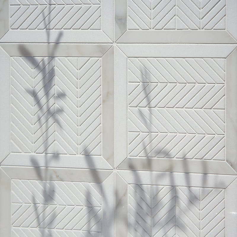 Thassos White, Calacatta Gold Honed Lucca Marble Mosaic — 12 1/16 × 12 1/16 × 3/8 in