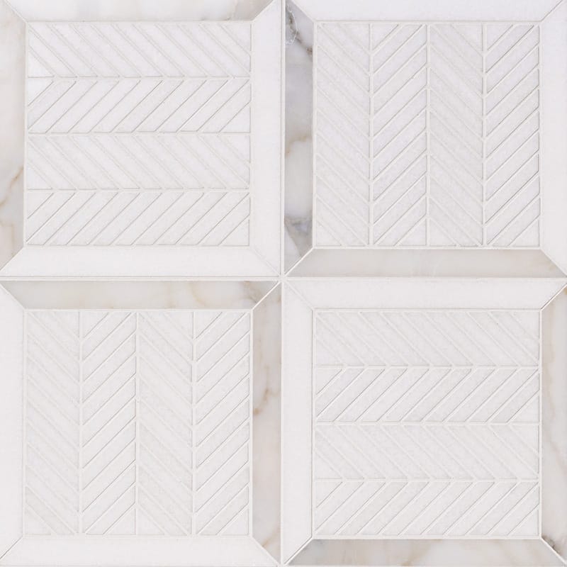 Thassos White, Calacatta Gold Honed Lucca Marble Mosaic — 12 1/16 × 12 1/16 × 3/8 in