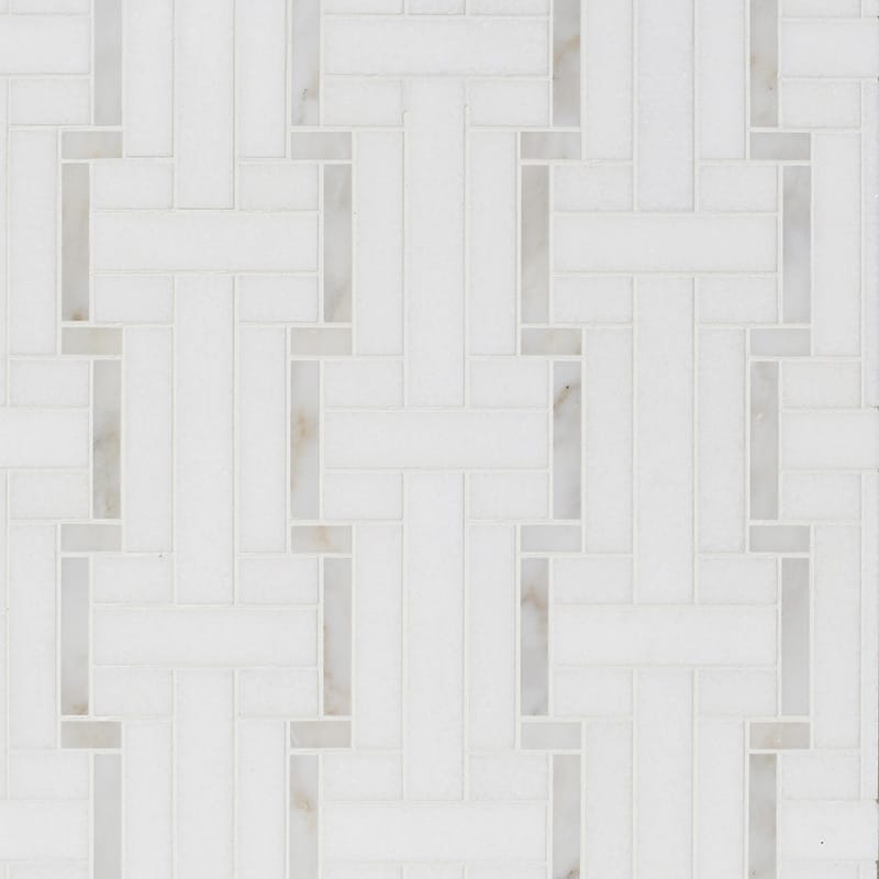 Thassos White, Calacatta Gold Honed Luni Marble Mosaic — 10 7/16 × 12 3/16 × 3/8 in