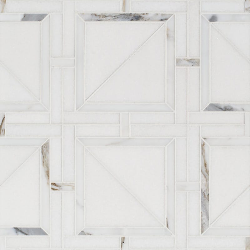 Thassos White, Calacatta Gold Honed Magra Lattice Marble Mosaic — 11 11/16 × 11 11/16 × 3/8 in