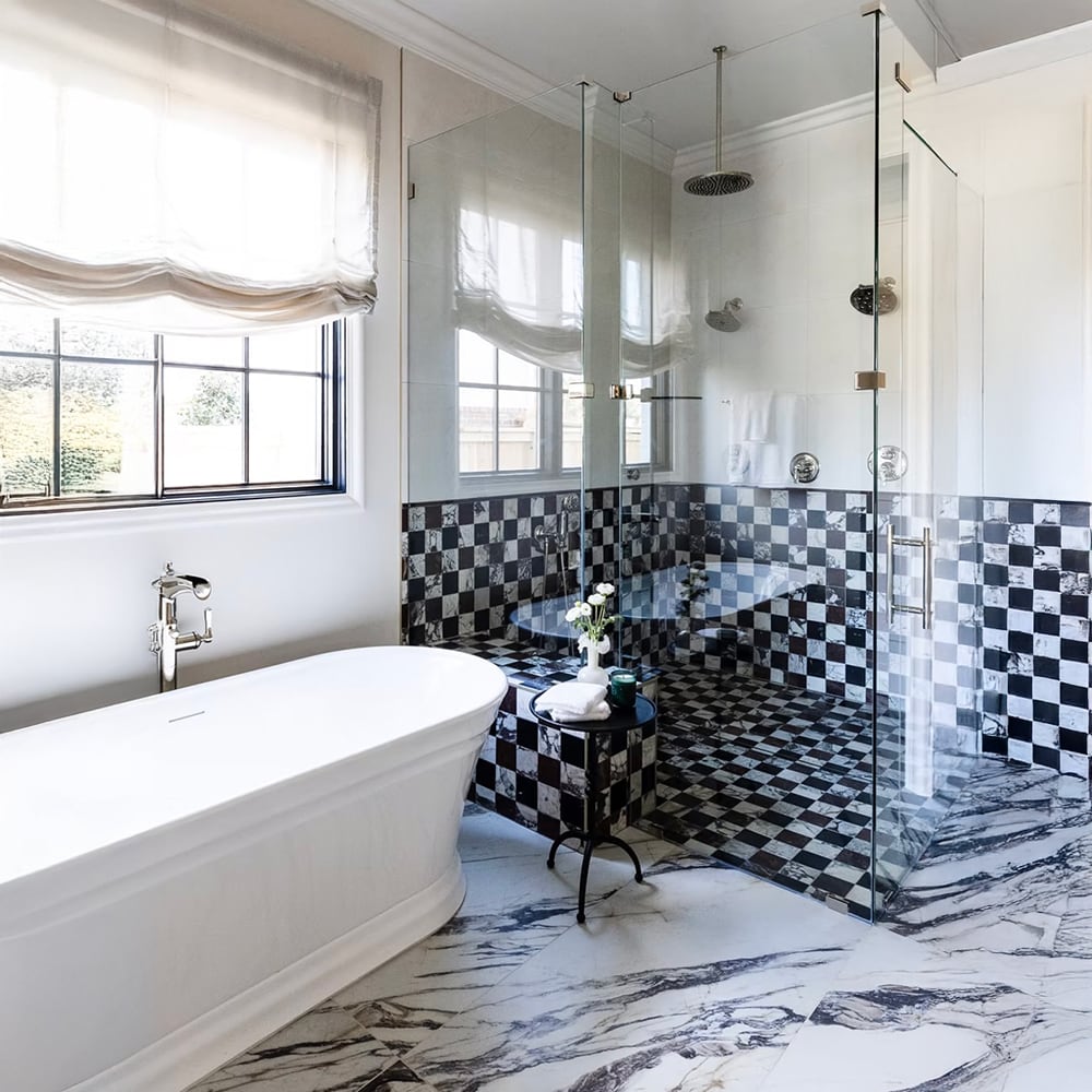 Black, Calacatta Viola, Red Bordeaux Honed 4x4 Marble Mosaic — 16 × 16 × 3/8 in
