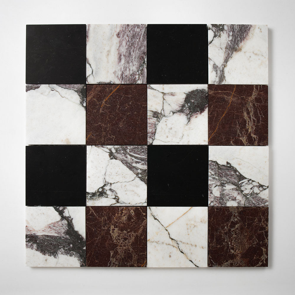 Black, Calacatta Viola, Red Bordeaux Honed 4x4 Marble Mosaic — 16 × 16 × 3/8 in