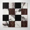 Black, Calacatta Viola, Red Bordeaux Honed 4x4 Marble Mosaic — 16 × 16 × 3/8 in