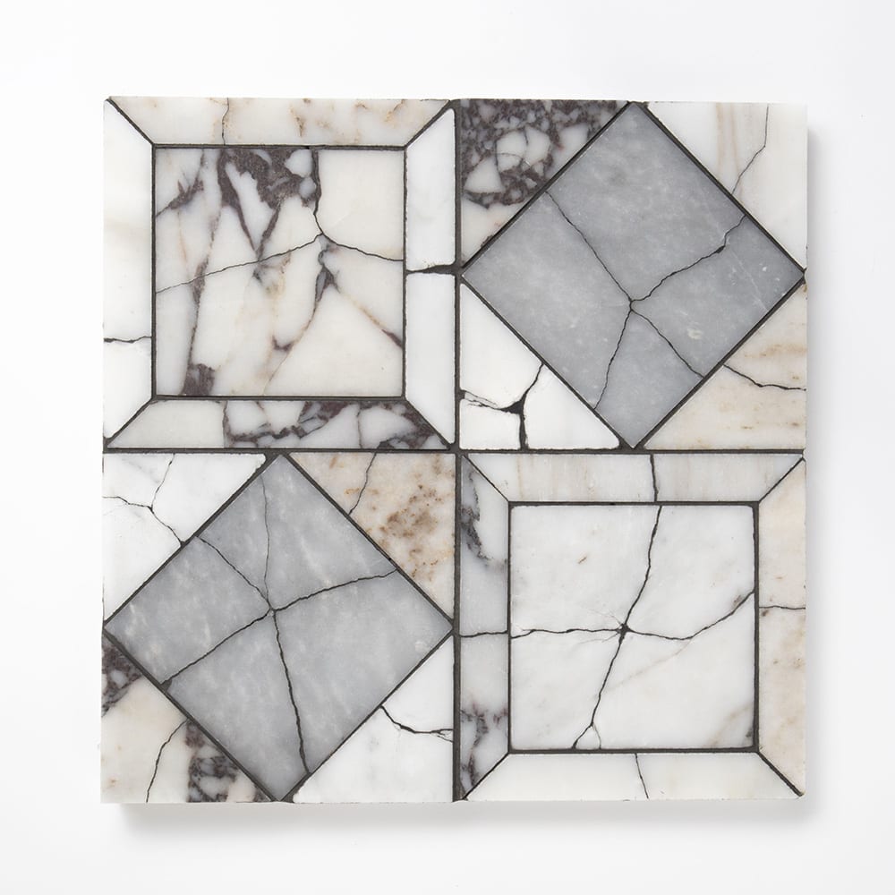 Allure, White Carrara, Calacatta Gold Royal, Calacatta Viola Honed Palazzo Li Antica Marble Mosaic — 12 × 12 × 3/8 in
