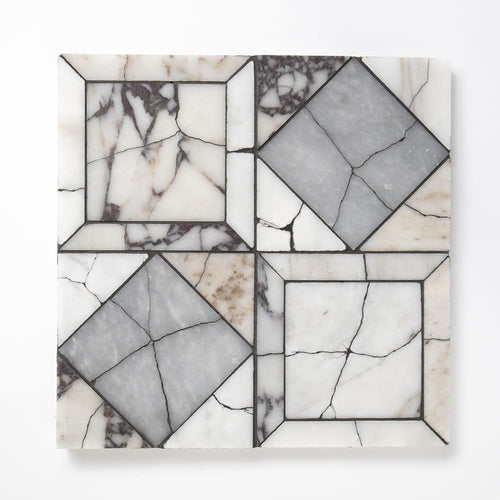 Allure, White Carrara, Calacatta Gold Royal, Calacatta Viola Honed Palazzo Li Antica Marble Mosaic — 12 × 12 × 3/8 in