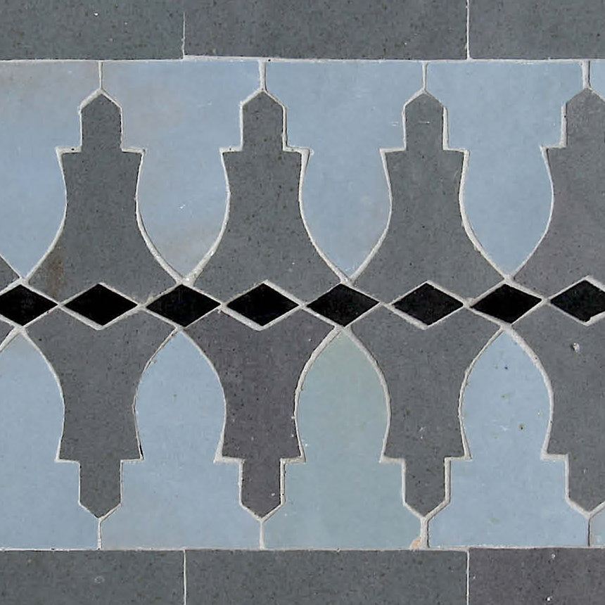 Moroccan Zellige Cornisa Border Mosaic Clear Sky + Ash Grey + Black by Tiles of Ezra