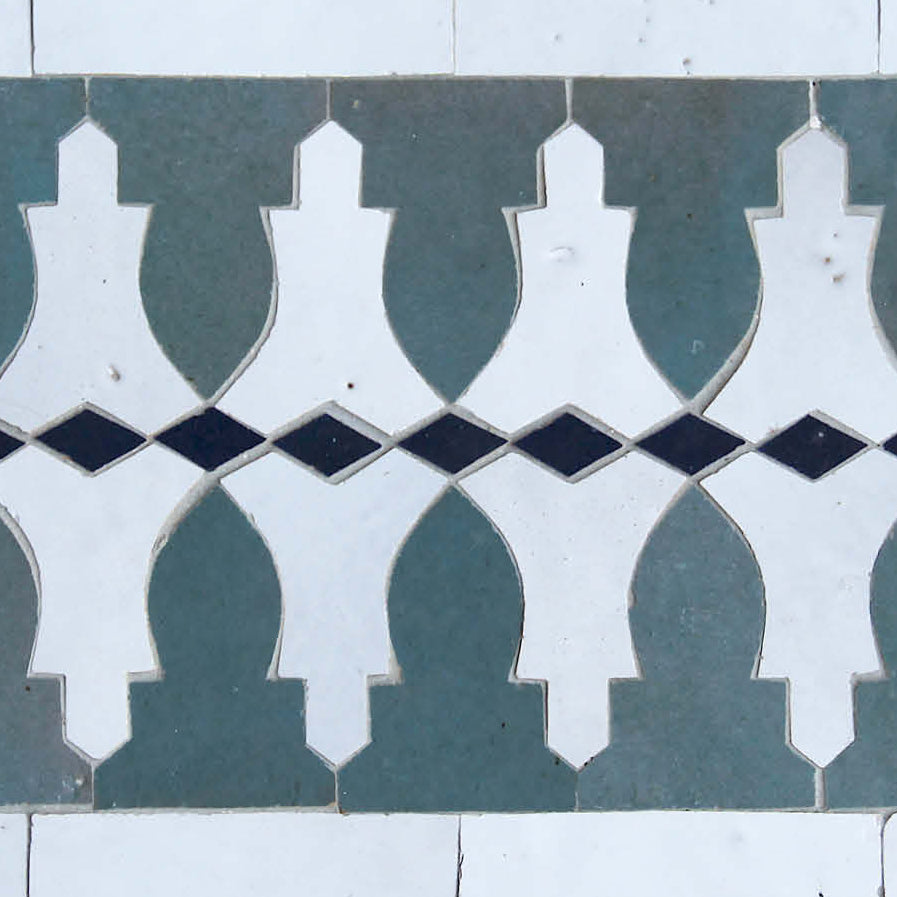 Moroccan Zellige Cornisa Border Mosaic Peacock + Snow + Royal Blue by Tiles of Ezra