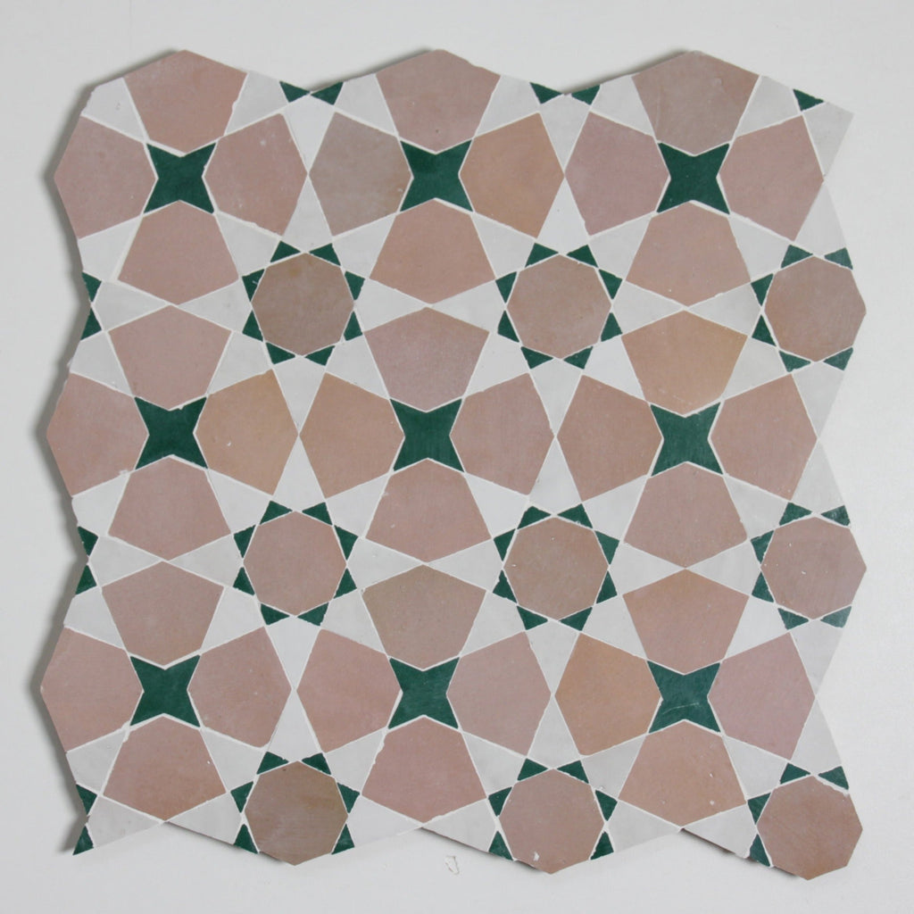 Moroccan Zellige Voluta Large Mosaic Large Format Snow + Forest + Moroccan Pink by Tiles of Ezra