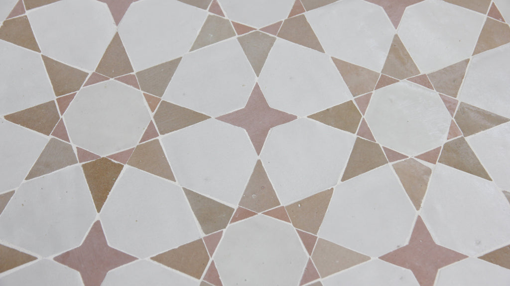 Moroccan Zellige Voluta Large Mosaic Large Format Snow + Latte + Moroccan Pink by Tiles of Ezra