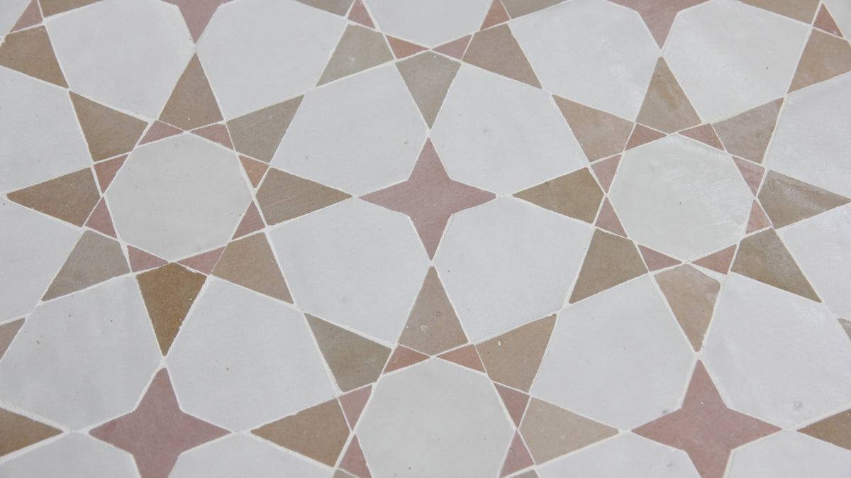 Moroccan Zellige Voluta Large Mosaic Large Format Snow + Latte + Moroccan Pink by Tiles of Ezra