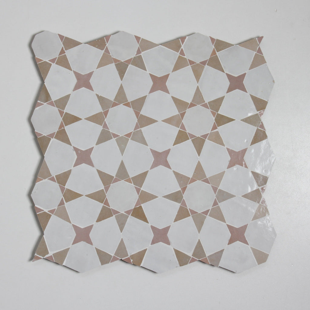 Moroccan Zellige Voluta Large Mosaic Large Format Snow + Latte + Moroccan Pink by Tiles of Ezra