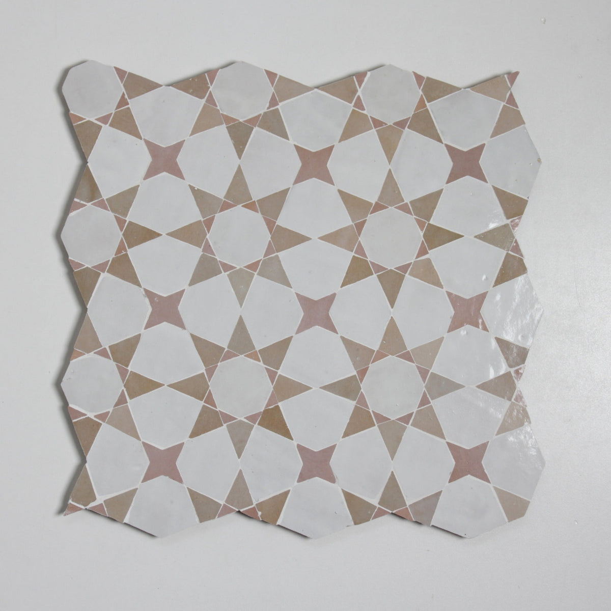 Moroccan Zellige Voluta Large Mosaic Large Format Snow + Latte + Moroccan Pink by Tiles of Ezra