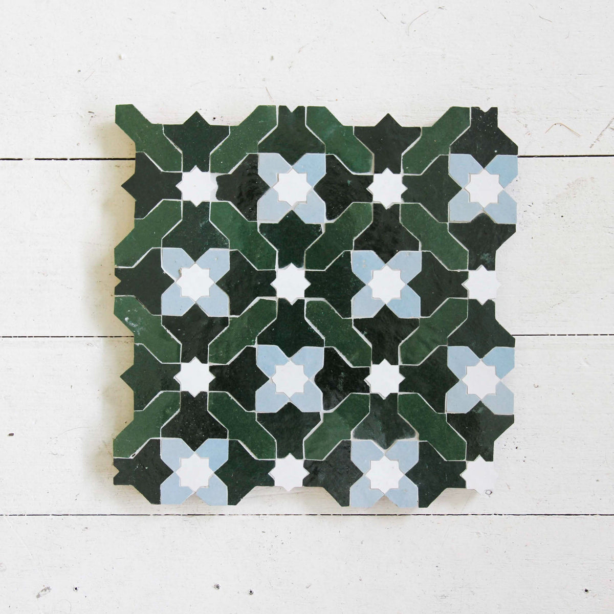Moroccan Zellige Prisma Mosaic Snow + Blue Grass + Forest + Dark Green by Tiles of Ezra