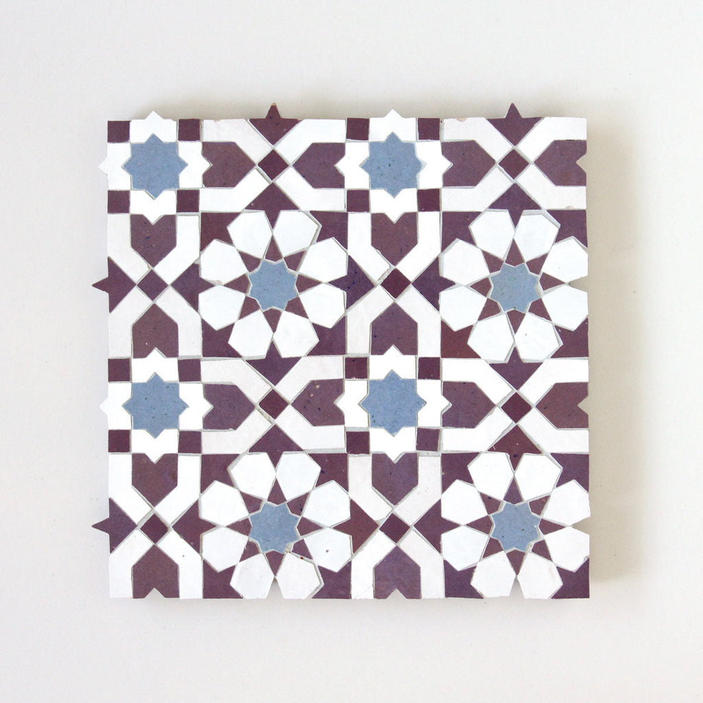 Moroccan Zellige Alcazar Mosaic Snow + Blue Grass + Eggplant by Tiles of Ezra