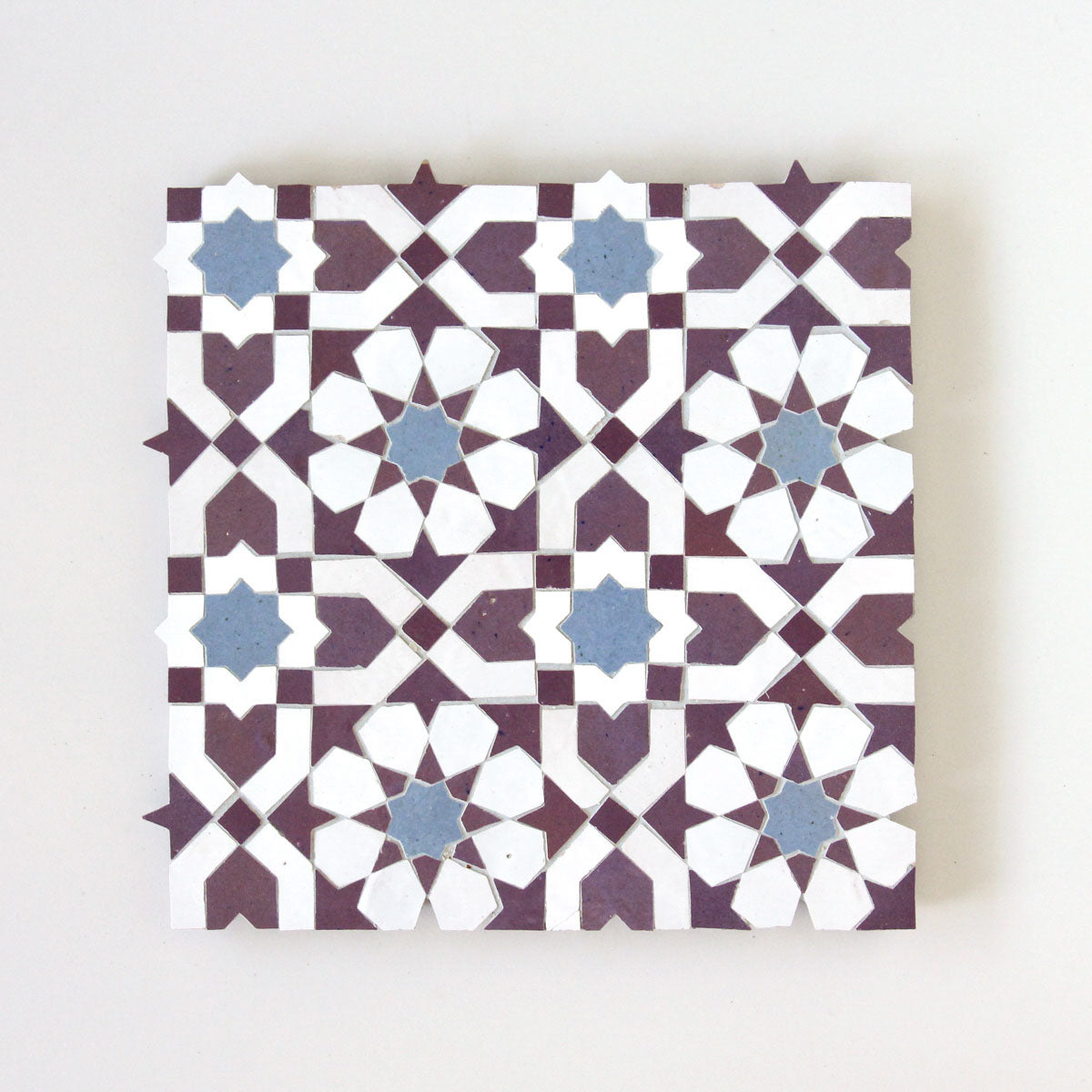 Moroccan Zellige Alcazar Mosaic Snow + Blue Grass + Eggplant by Tiles of Ezra