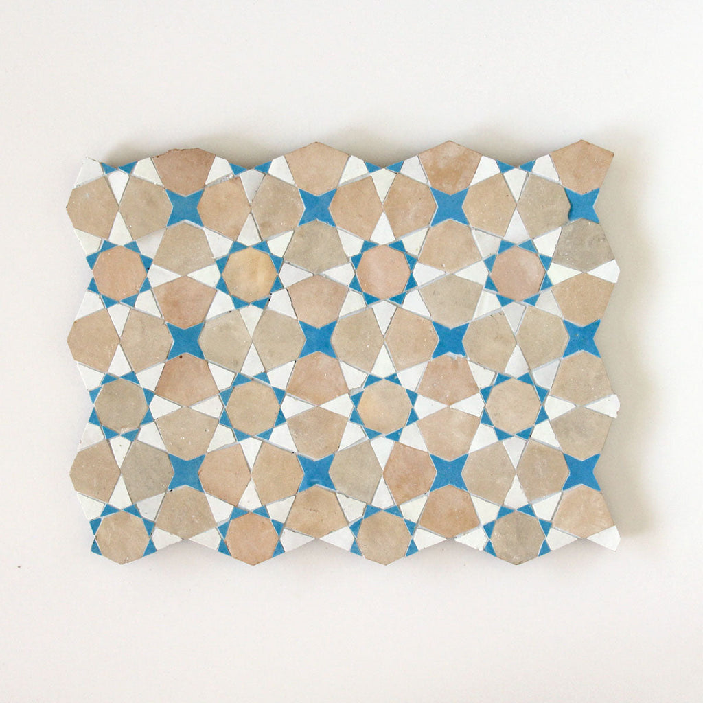 Moroccan Zellige Voluta Mosaic Snow + Clay + Teal by Tiles of Ezra