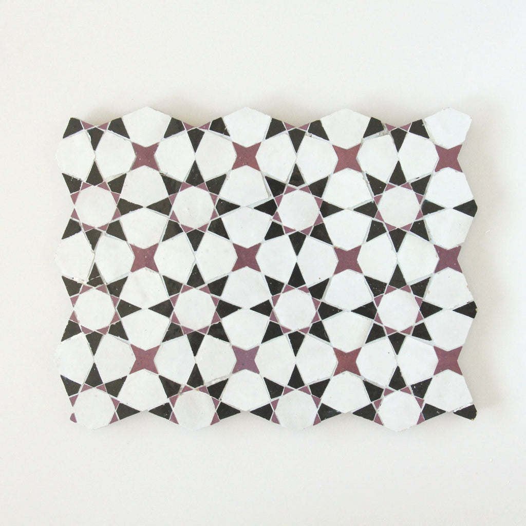 Moroccan Zellige Voluta Mosaic Snow + Eggplant + Black by Tiles of Ezra