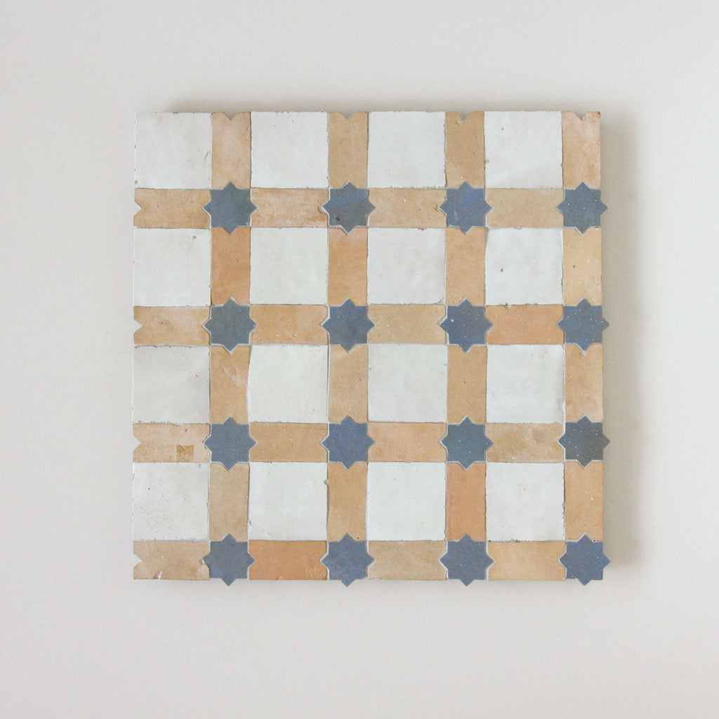 Moroccan Zellige Estela Mosaic Snow + Clay + Clear Sky by Tiles of Ezra