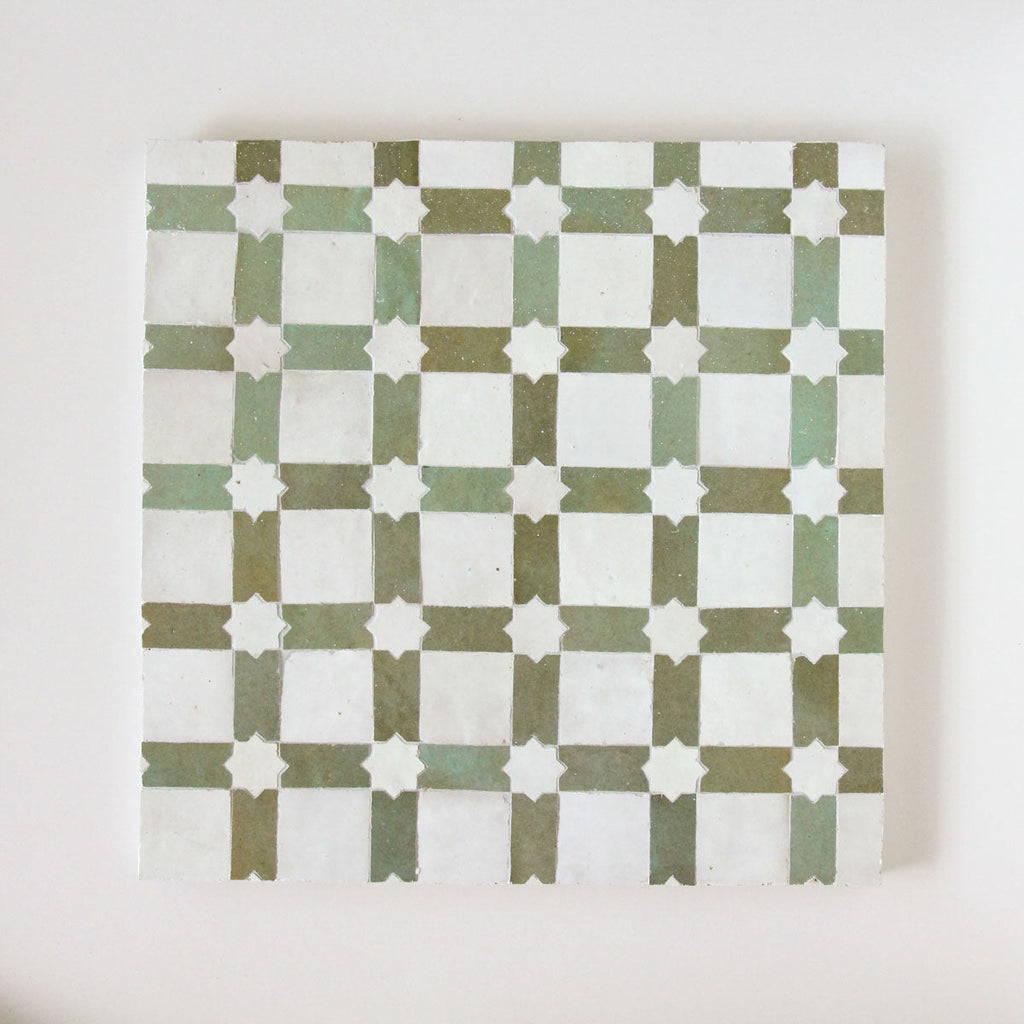 Moroccan Zellige Estela Mosaic Snow + Avocado by Tiles of Ezra