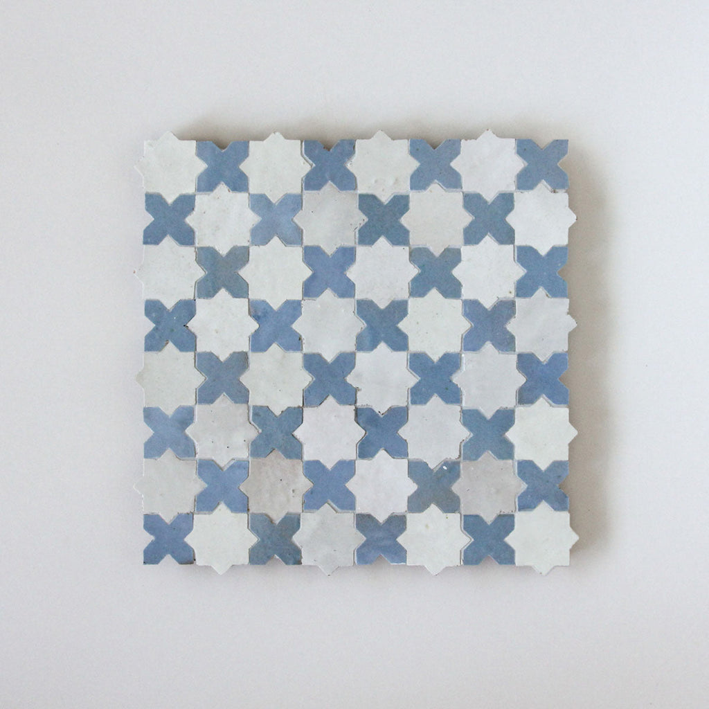 Moroccan Zellige Piazza Mosaic Snow + Blue Grass by Tiles of Ezra