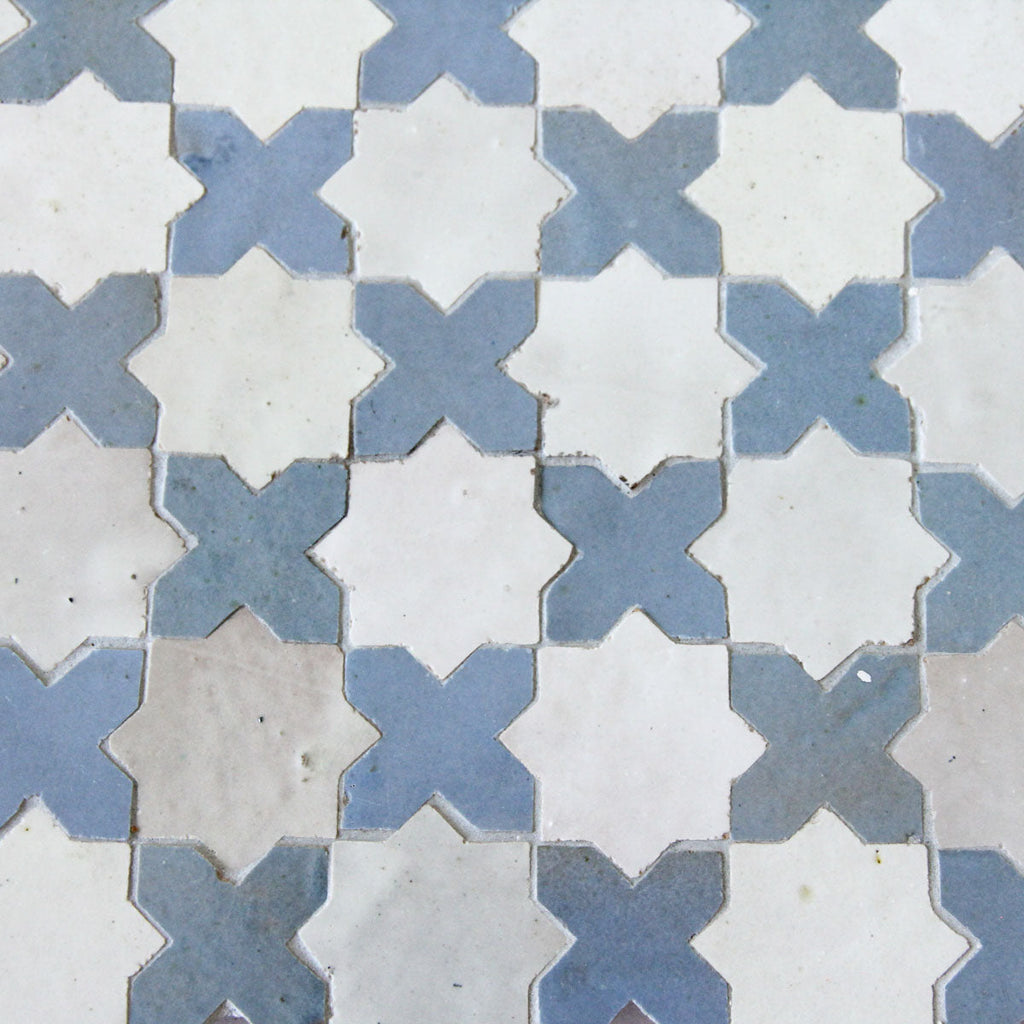 Moroccan Zellige Piazza Mosaic Snow + Blue Grass by Tiles of Ezra