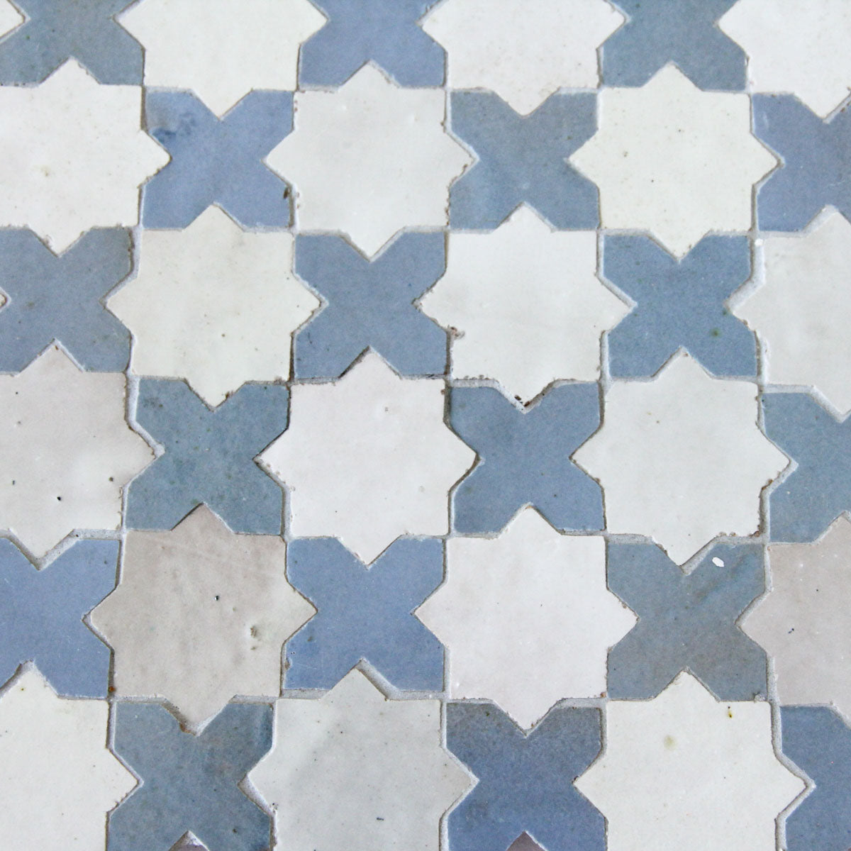 Moroccan Zellige Piazza Mosaic Snow + Blue Grass by Tiles of Ezra