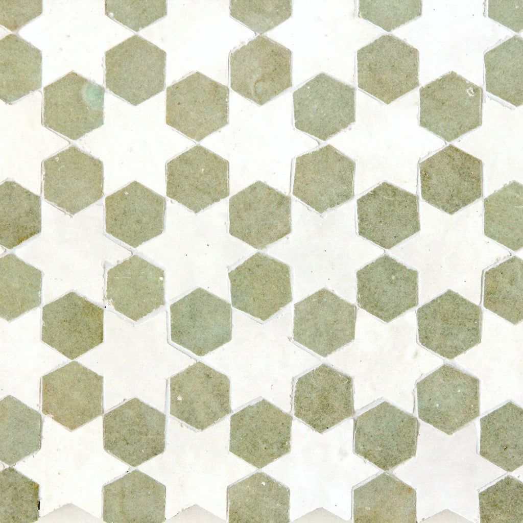 Moroccan Zellige Senda Mosaic Snow + Avocado by Tiles of Ezra