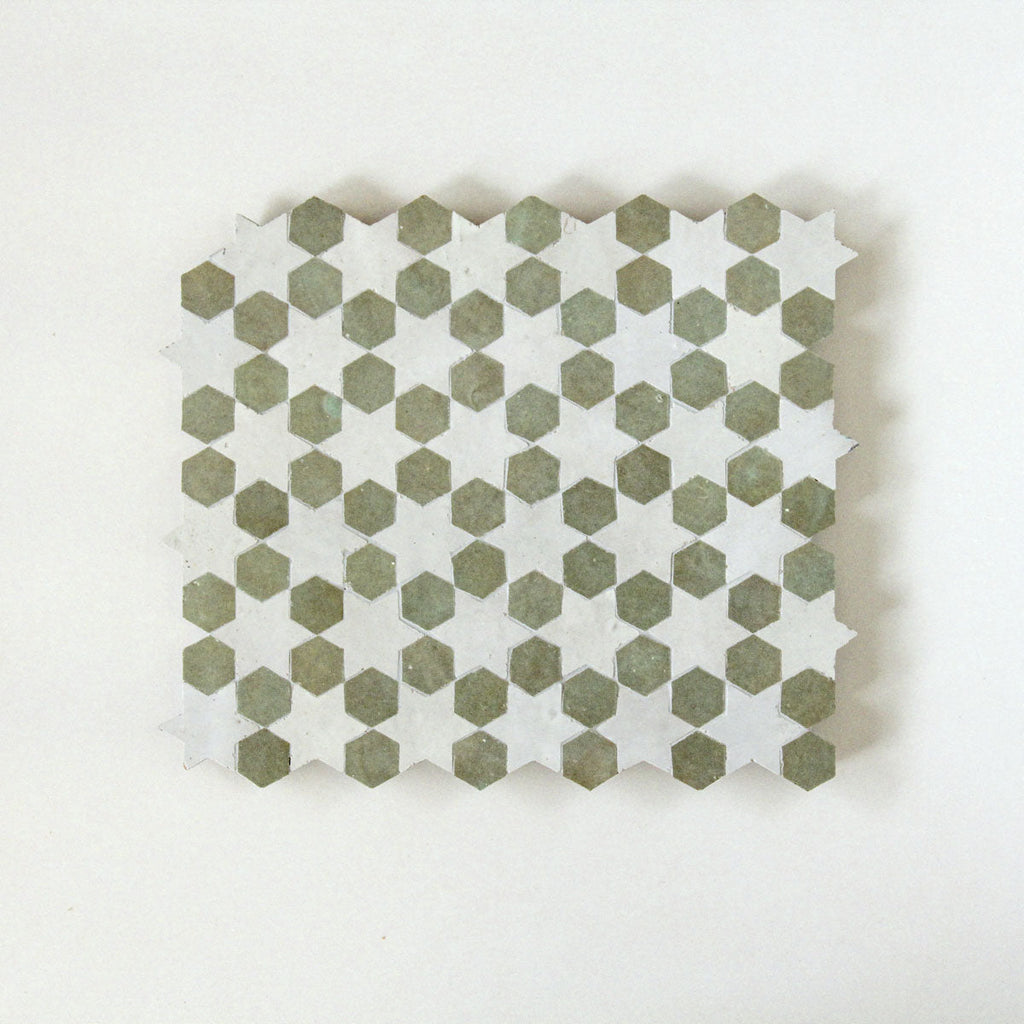 Moroccan Zellige Senda Mosaic Snow + Avocado by Tiles of Ezra