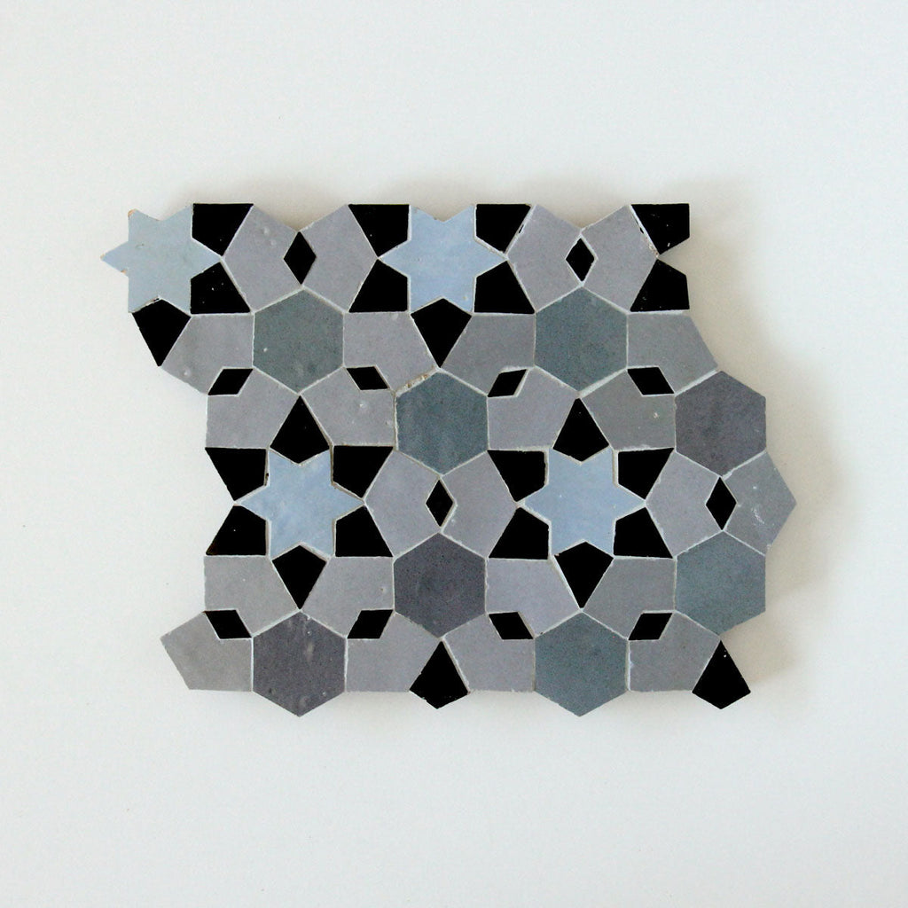 Moroccan Zellige Mudejar Mosaic Blue Grass + Powder + Ash Grey + Black by Tiles of Ezra