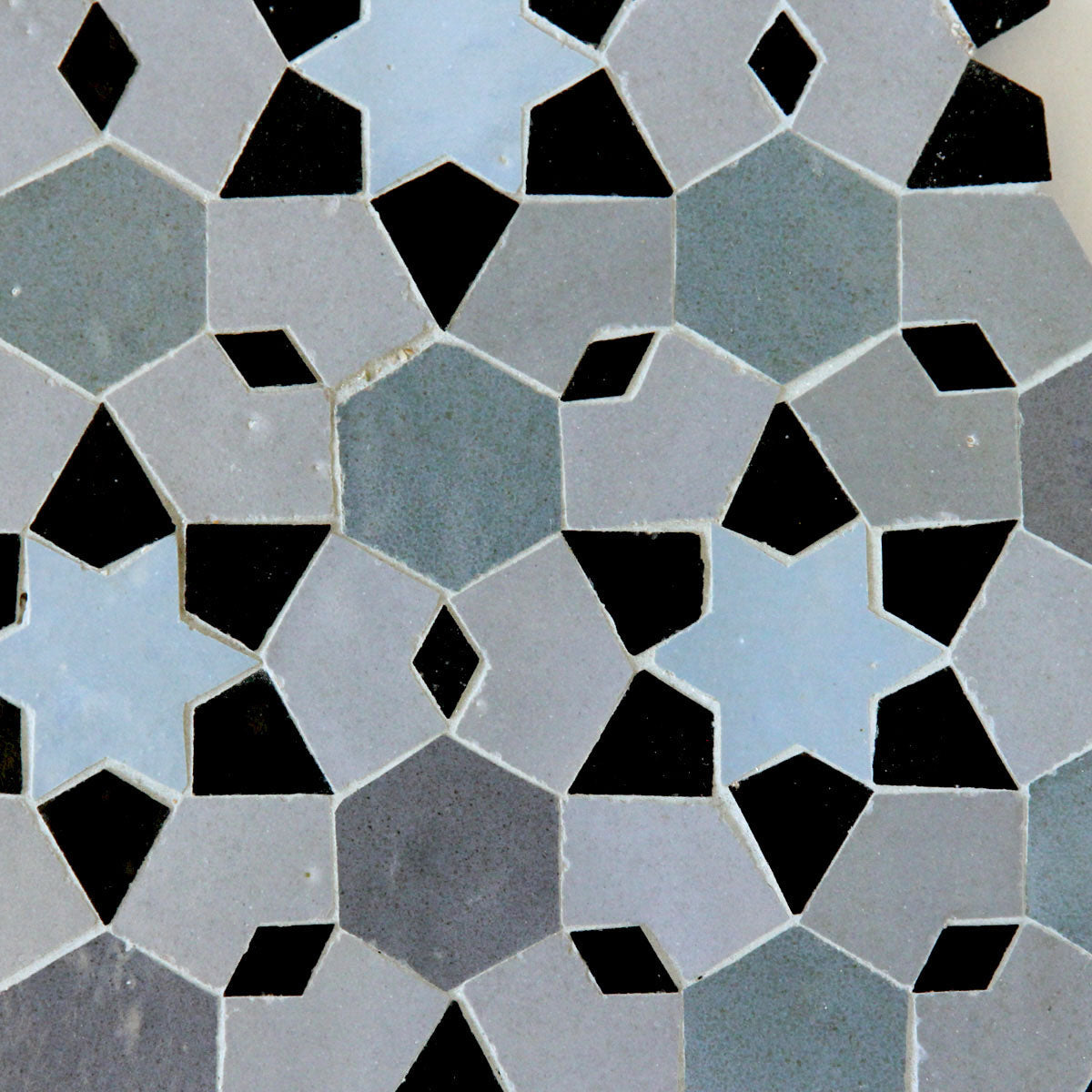 Moroccan Zellige Mudejar Mosaic Blue Grass + Powder + Ash Grey + Black by Tiles of Ezra