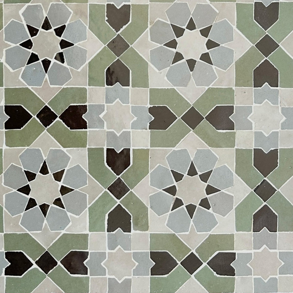 Moroccan Zellige Alcazar Mosaic Dust + Avocado + Black + Duck Egg Blue by Tiles of Ezra
