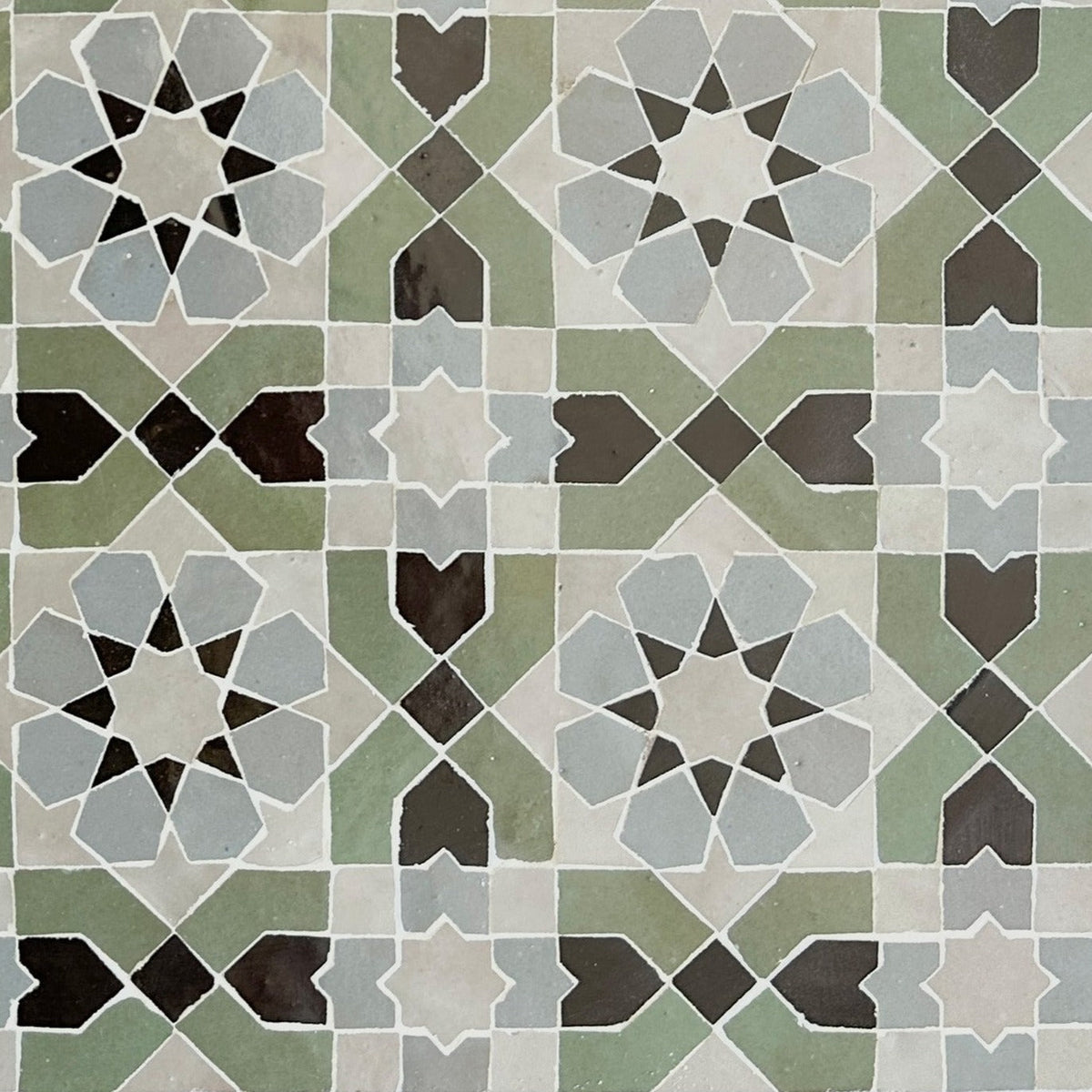 Moroccan Zellige Alcazar Mosaic Dust + Avocado + Black + Duck Egg Blue by Tiles of Ezra