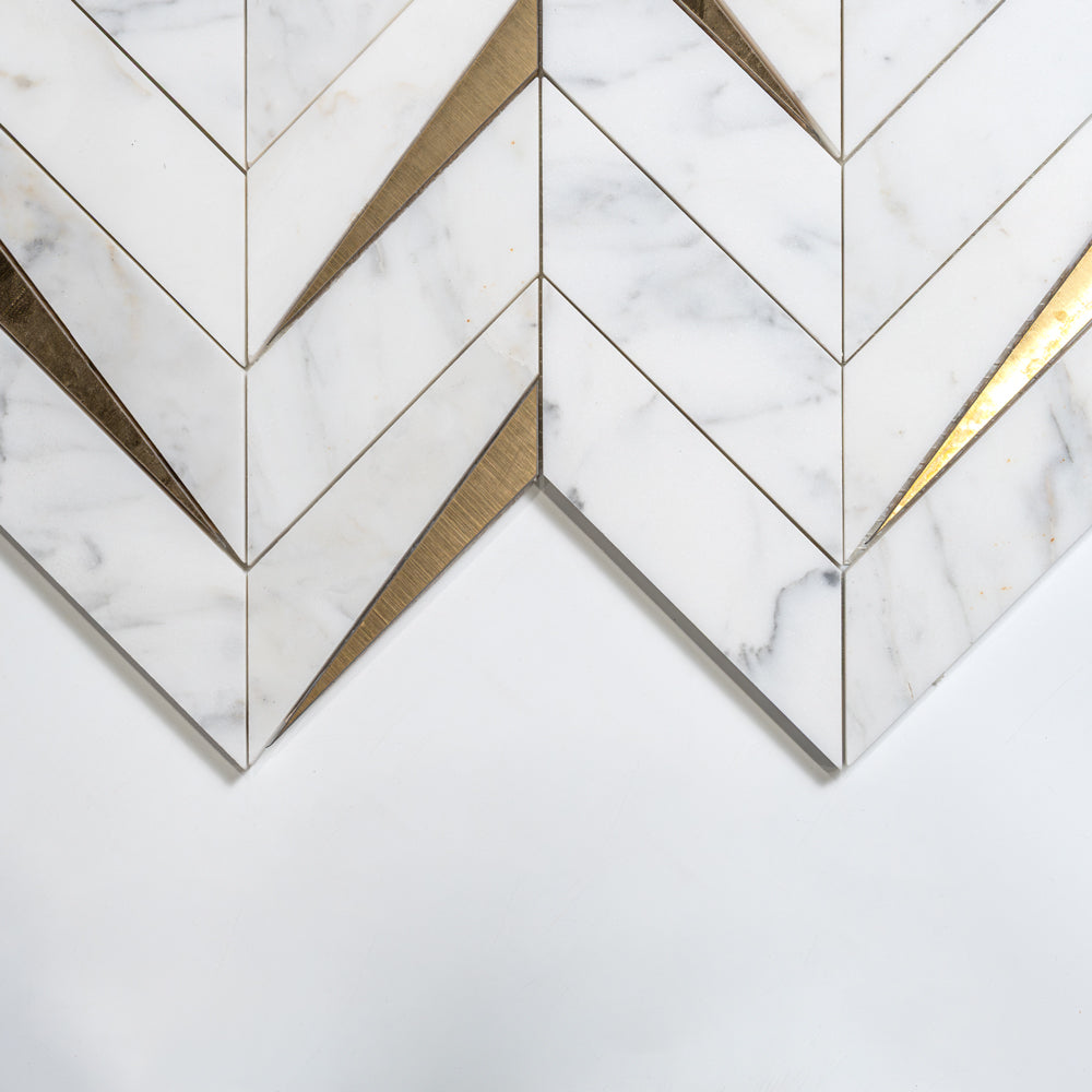 Calacatta Gold Honed Cheval Marble Mosaic — 16 5/16 × 16 9/16 × 3/8 in