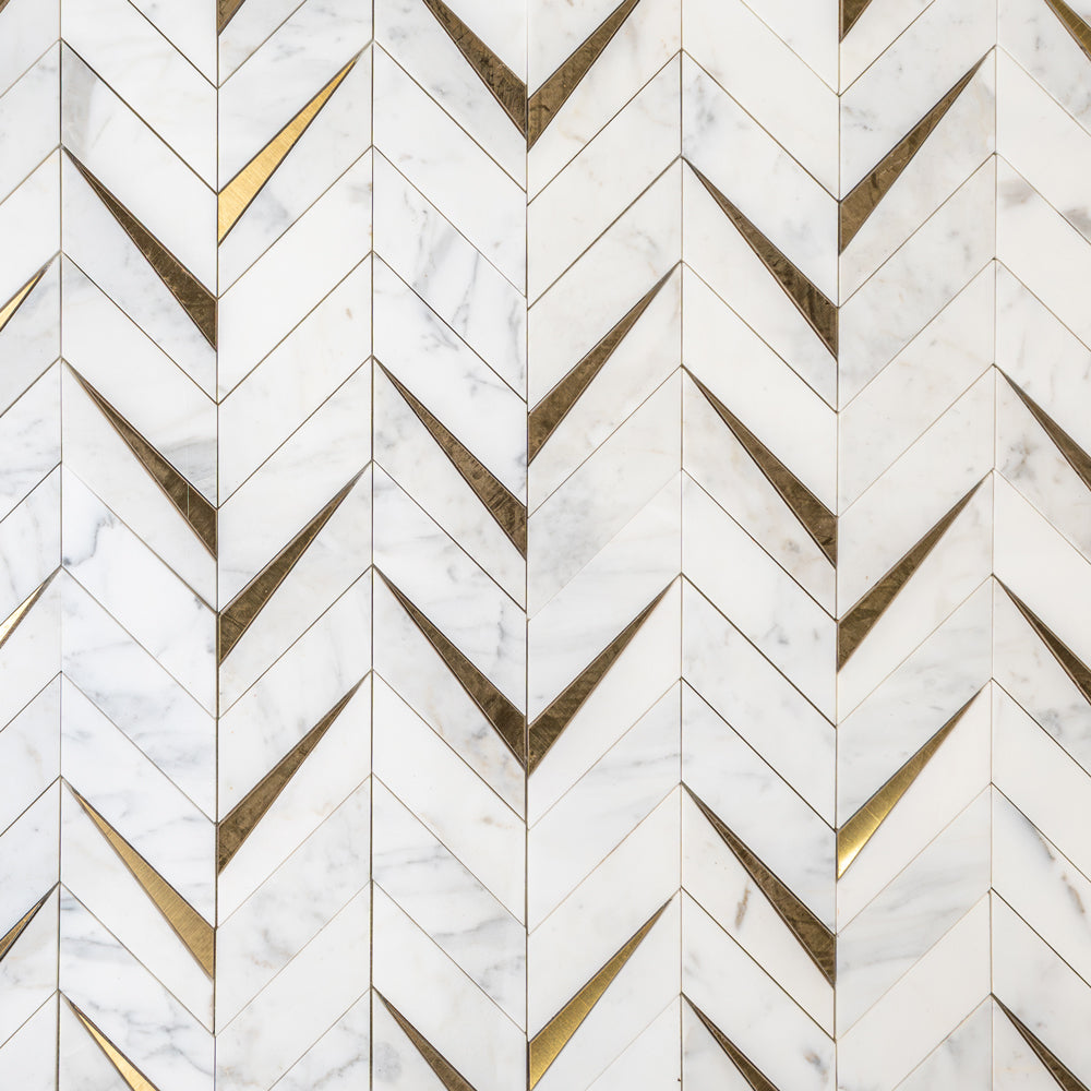 Calacatta Gold Honed Cheval Marble Mosaic — 16 5/16 × 16 9/16 × 3/8 in