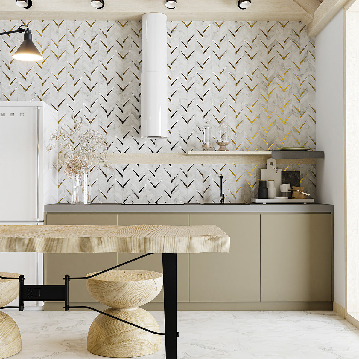 Calacatta Gold Honed Cheval Marble Mosaic — 16 5/16 × 16 9/16 × 3/8 in