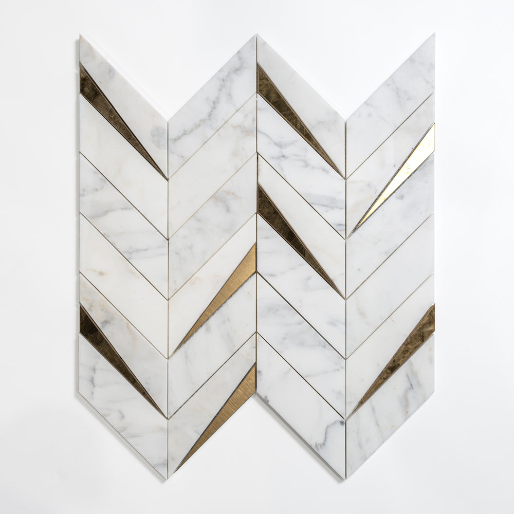 Calacatta Gold Honed Cheval Marble Mosaic — 16 5/16 × 16 9/16 × 3/8 in