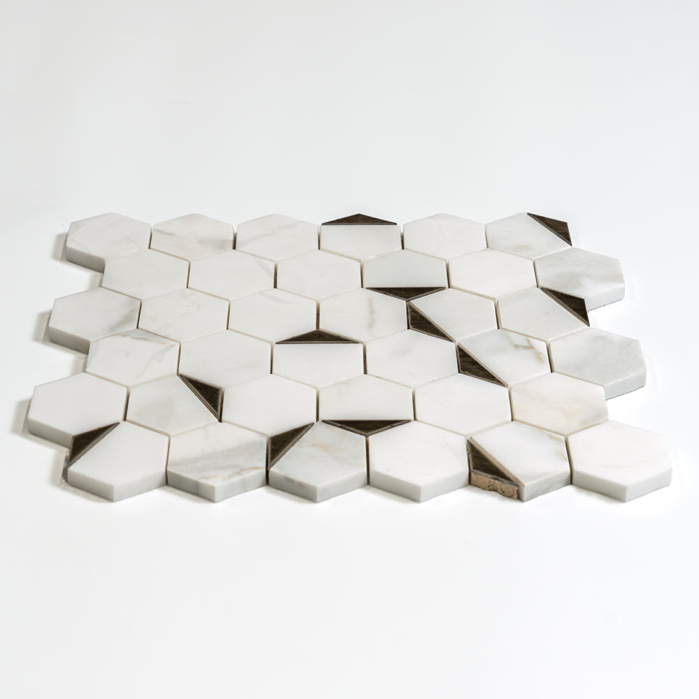 Calacatta Gold, Brass Honed Hexan Marble Mosaic — 10 3/8 × 12 × 3/8 in