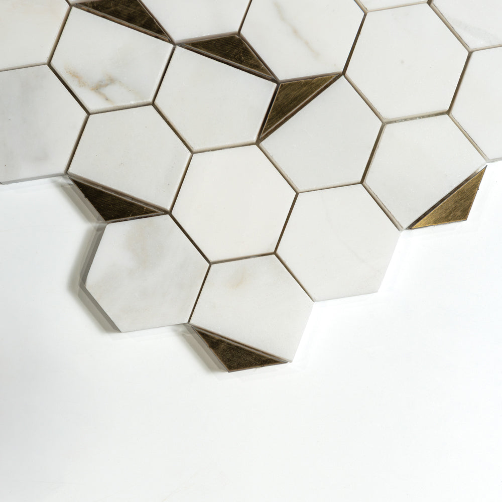 Calacatta Gold, Brass Honed Hexan Marble Mosaic — 10 3/8 × 12 × 3/8 in