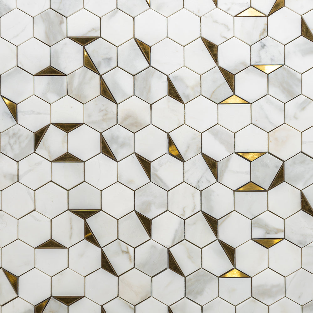 Calacatta Gold, Brass Honed Hexan Marble Mosaic — 10 3/8 × 12 × 3/8 in