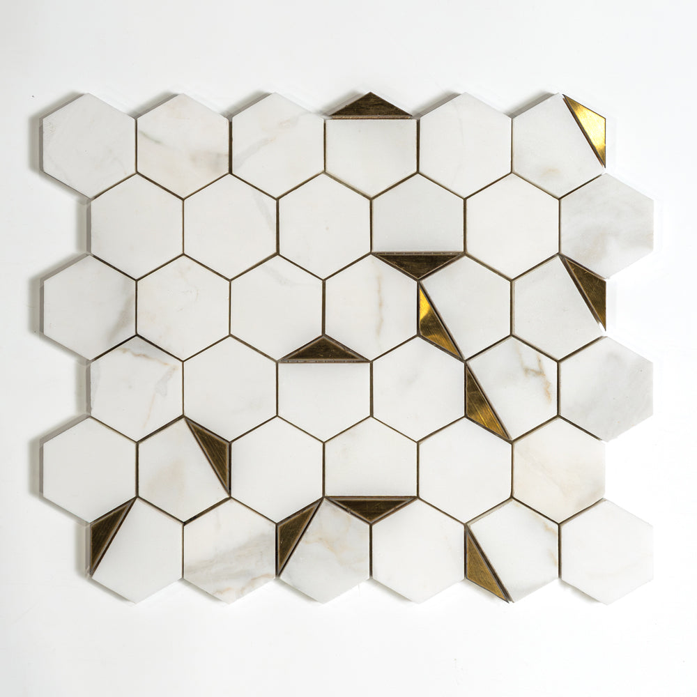 Calacatta Gold, Brass Honed Hexan Marble Mosaic — 10 3/8 × 12 × 3/8 in